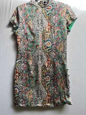 Asia.a 100% Silk Mandarin Collar Paisley Mini Dress Cheongsam Style S